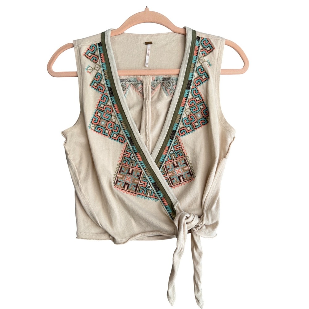Free People Embroidered Wrap Vest Womens XS Cream Boho Festival Indie Crop Top